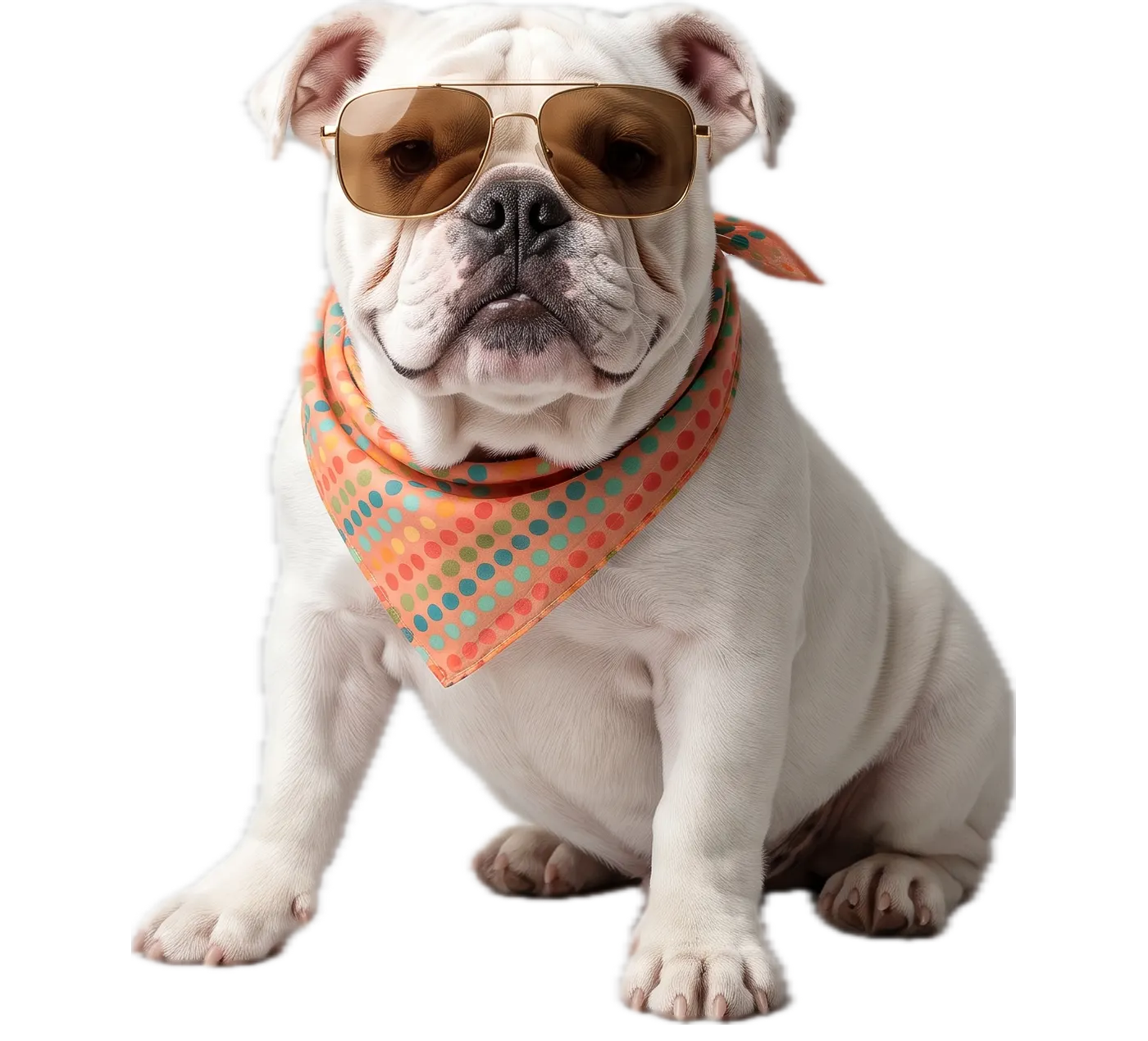 Bulldog met zonnebril en gekleurde bandana