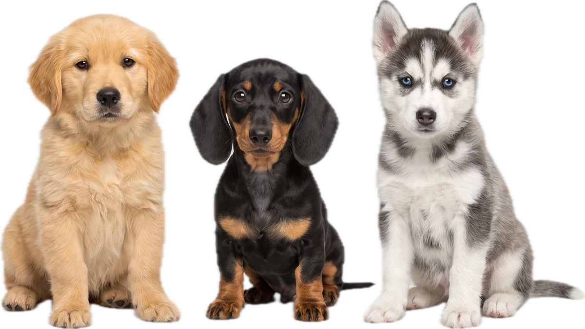 Een golden retriever-, teckel- en huskypup naast elkaar