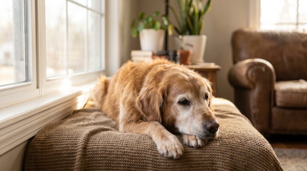 Oudere golden retriever ligt rustig op een kussen in de zon bij het raam
