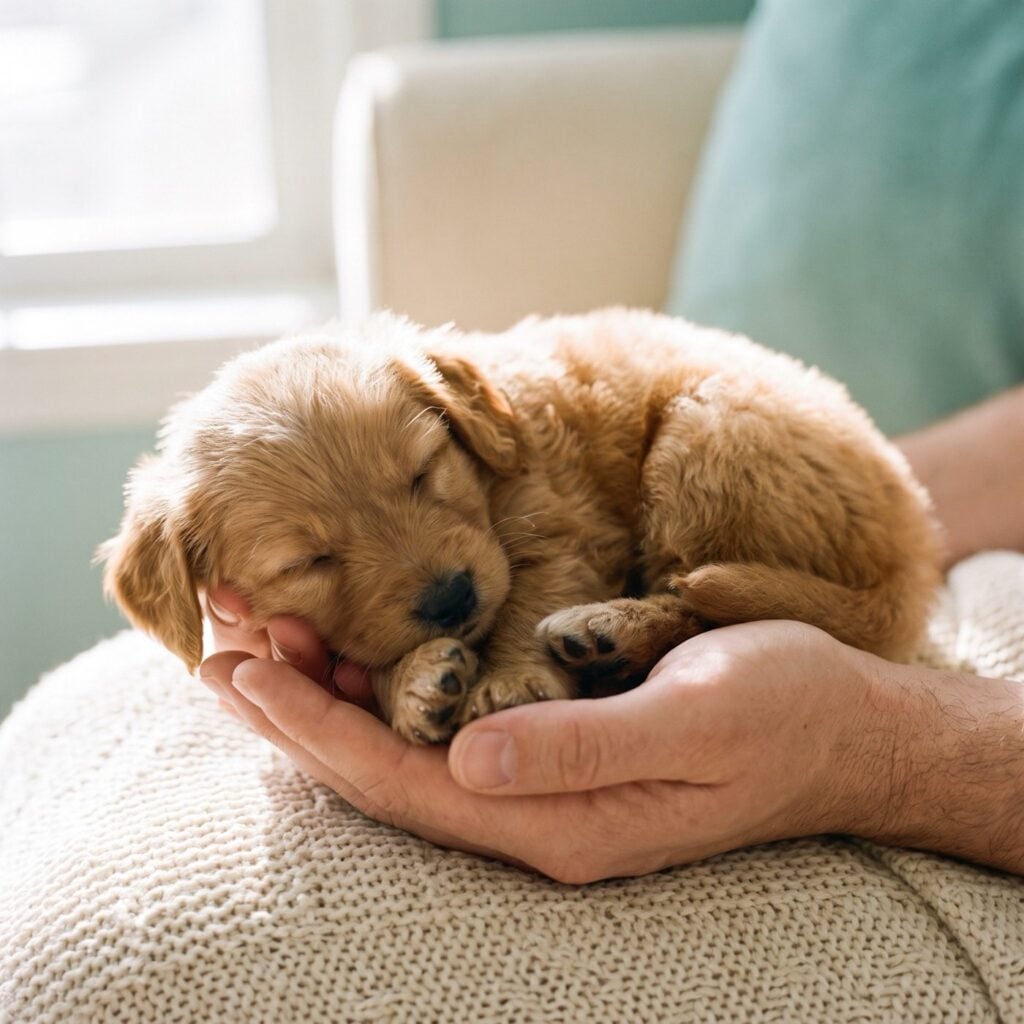 Pasgeboren puppy slaapt opgerold in twee handen