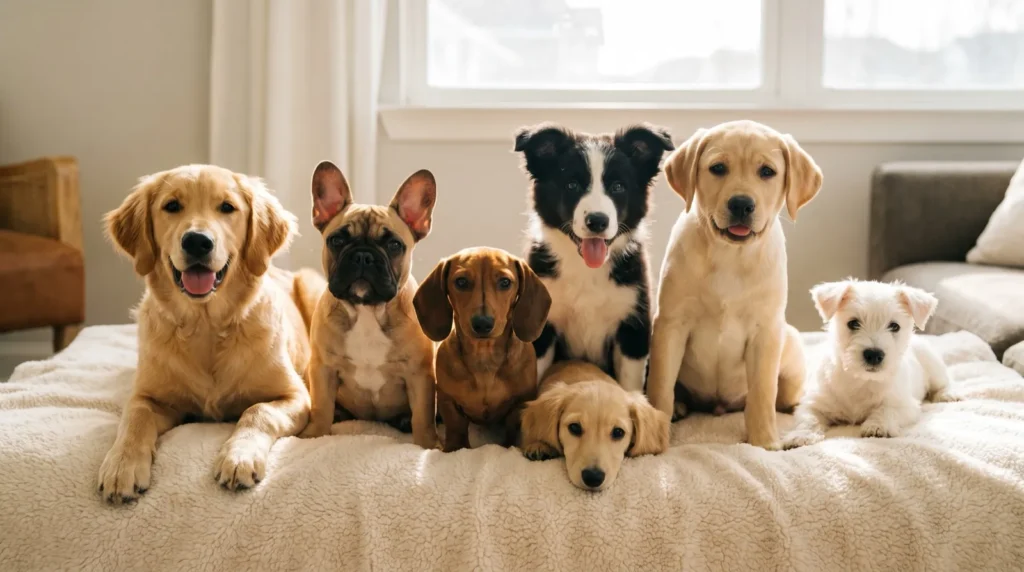 Zeven puppy’s van verschillende rassen naast elkaar op een kleed